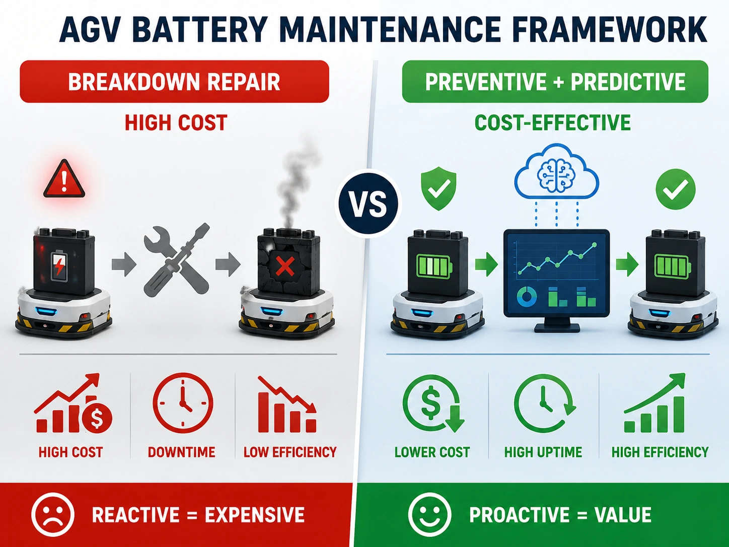 AGV battery maintenance framework contrasting high cost breakdown repair versus cost-effective structured preventive and predictive strategies